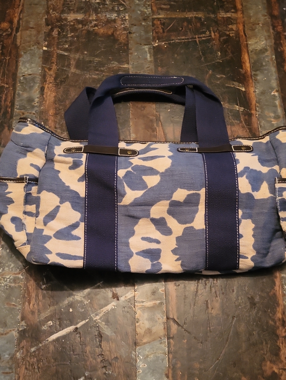 Old Navy Blue and White Canvas Tote with Navy Straps
